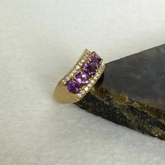Gold Vermeil Sterling Silver 925 Prong Set Oval Amethyst CZ Wide Band Ring Sz 9 - Picture 7 of 16